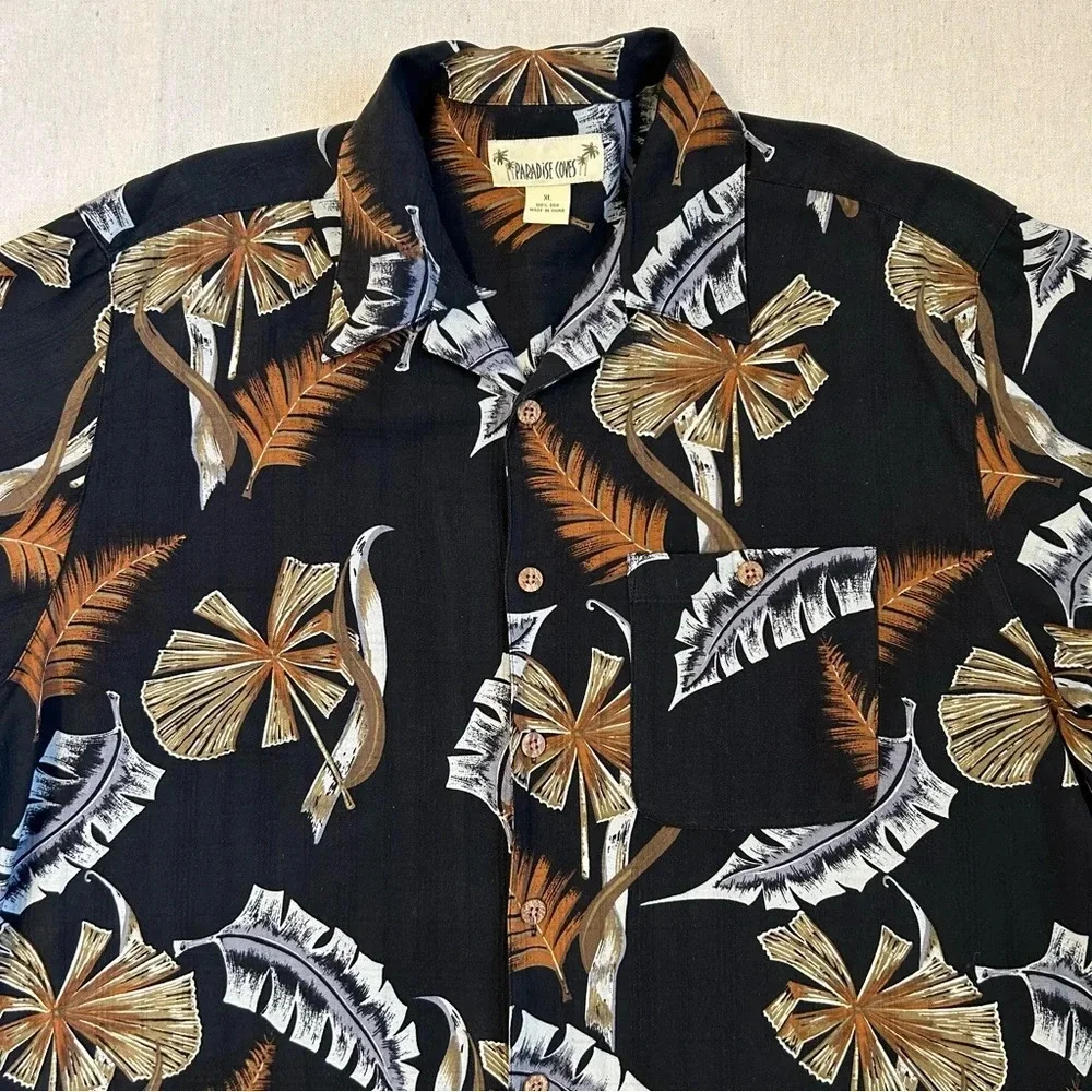 Vtg Paradise Coves Mens Blk Printed 100% Silk Button-Down Hawaiian Shirt Size XL